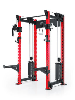 R8 Bradley Power Rack - red cage with weight stack, Cable Pulley, Pull-Up Bar, two J-Hooks