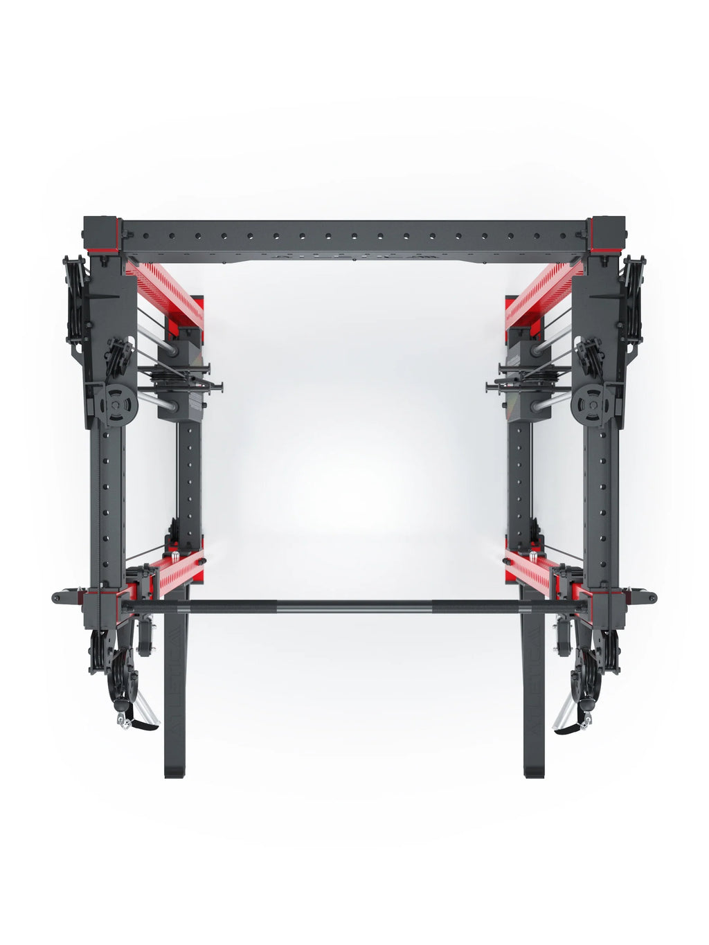 R8 Bradley Power Rack - Black Power Cage with Red Accents, Cable Pulley, Weight Plate Holder