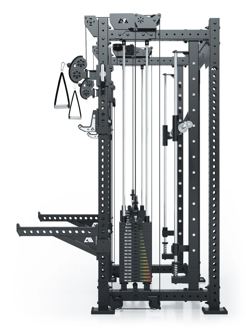 R8 Bradley Combat Medium Black Power Rack with two weight stacks, cable pulley, handles on the left