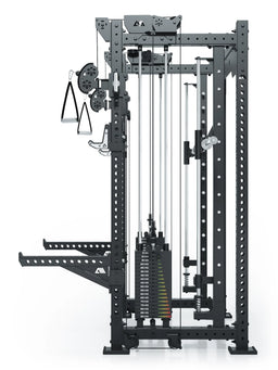 R8 Bradley Combat Medium Black Power Rack with two weight stacks, cable pulley, handles on the left