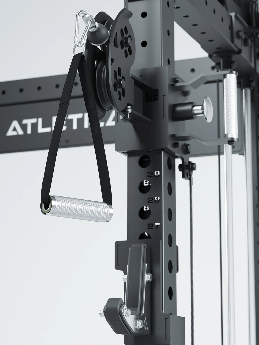 R8 Bradley Power Rack - cable pulley with handle, perforated sheet, pulley, carabiner, logo on the crossbar