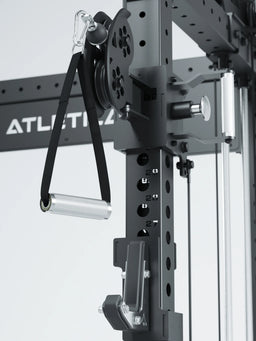 R8 Bradley Power Rack - cable pulley with handle, perforated sheet, pulley, carabiner, logo on the crossbar