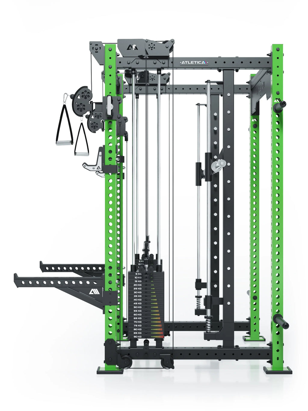 R8 Bradley Combat Long Power Rack with two weight stacks, cable pulley and green frame, modular 