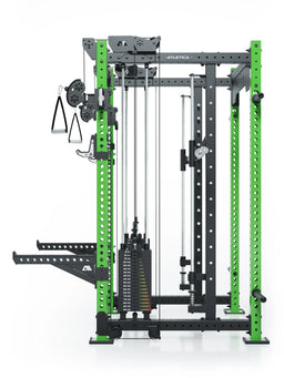 R8 Bradley Combat Long Power Rack with two weight stacks, cable pulley and green frame, modular 