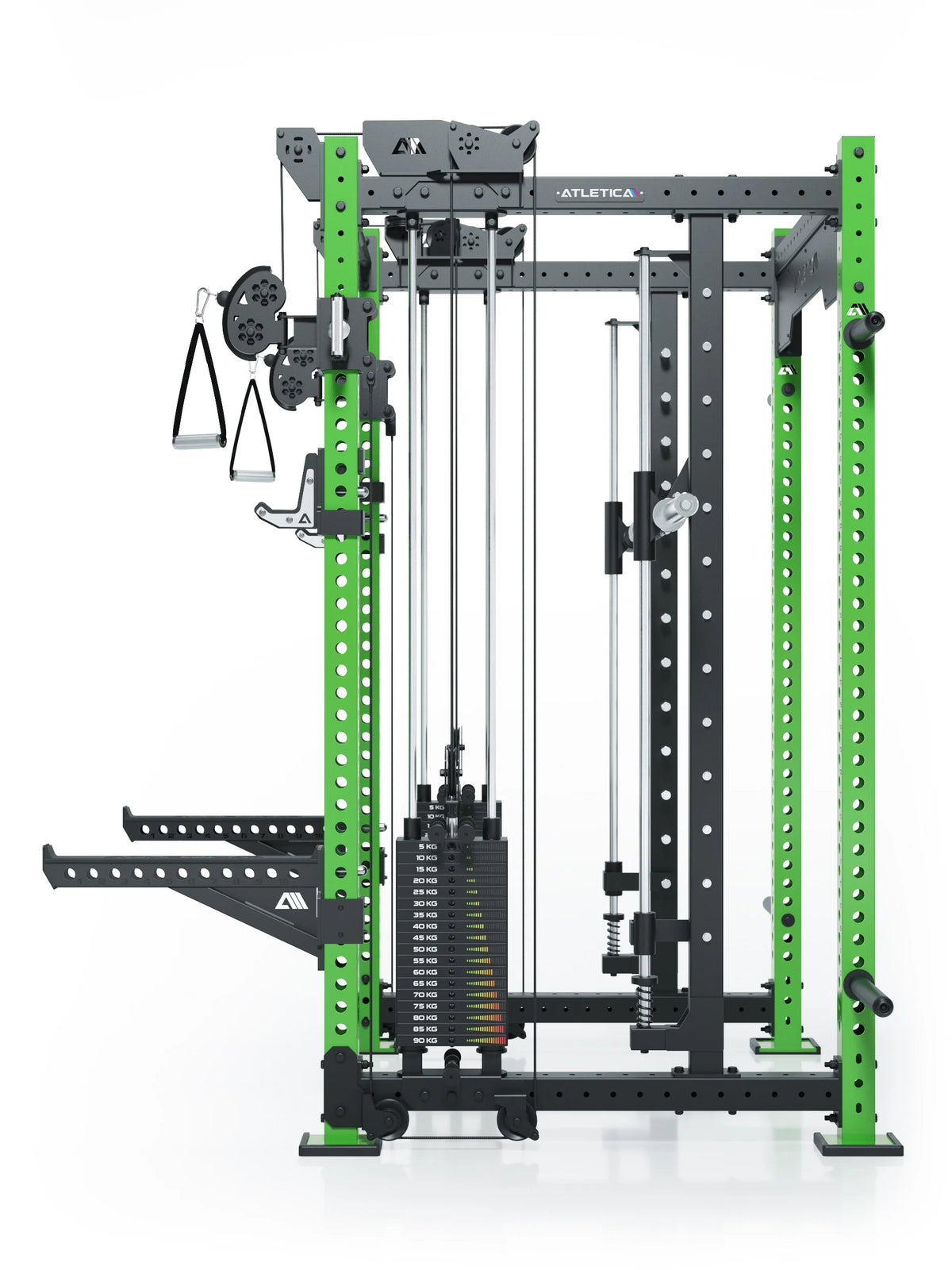 R8 Bradley Combat Long Power Rack with two weight stacks, cable pulley and green frame, modular 