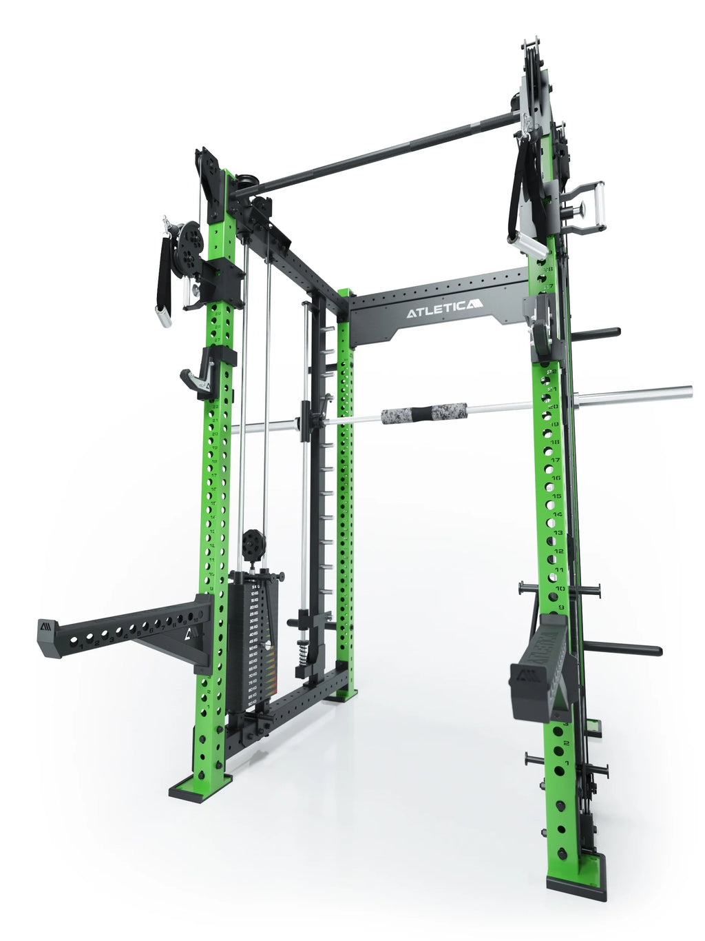 R8 Bradley Combat Long Power Rack with Pull-Up Bar, two weight stacks, Cable Pulley and green frame, modular 