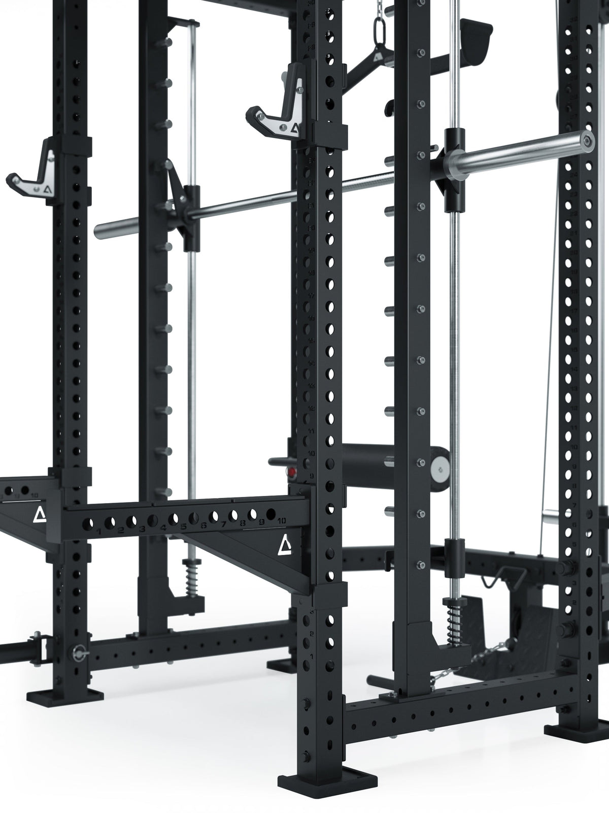 R8 Commander Power Rack with barbell, 275 lb weight stack, cable pulley