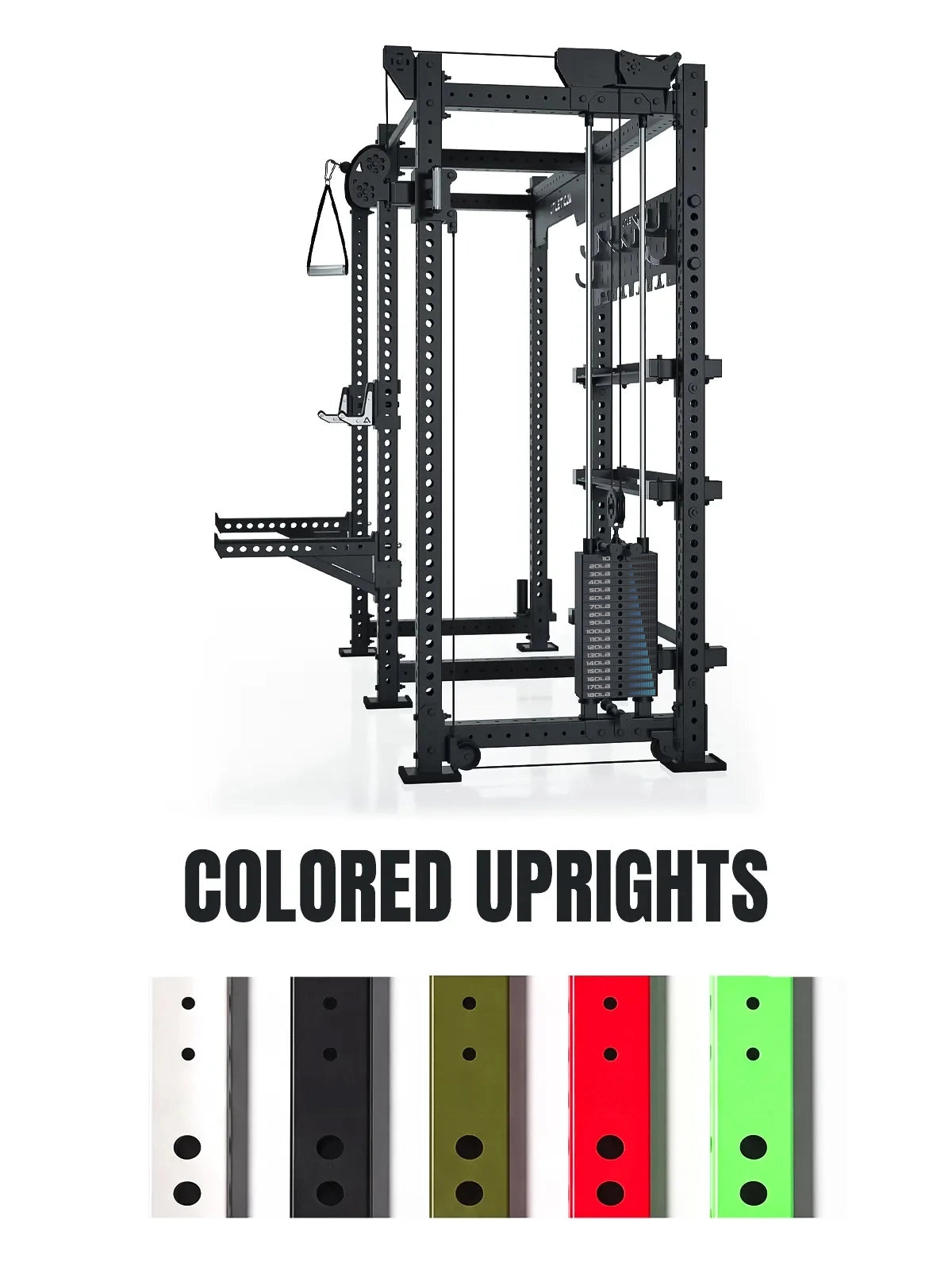 Atletica R8 Falcon power rack, side view, graphic showing colored upright options
