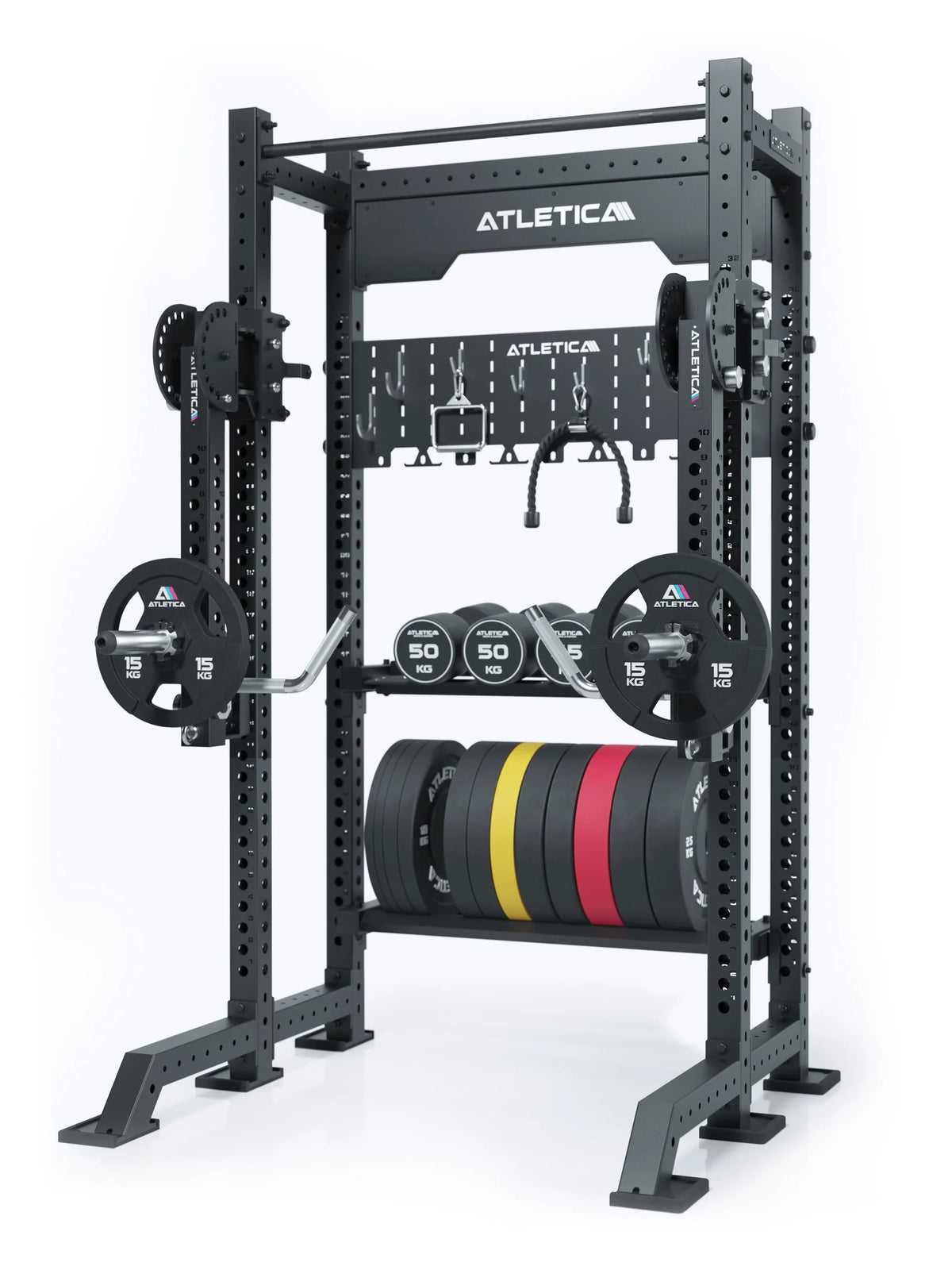 Atletica R8 Stereo Max Power Rack with Jammer Arms, Pull-Up Bar and Storage System for Weight Plates and Accessories 