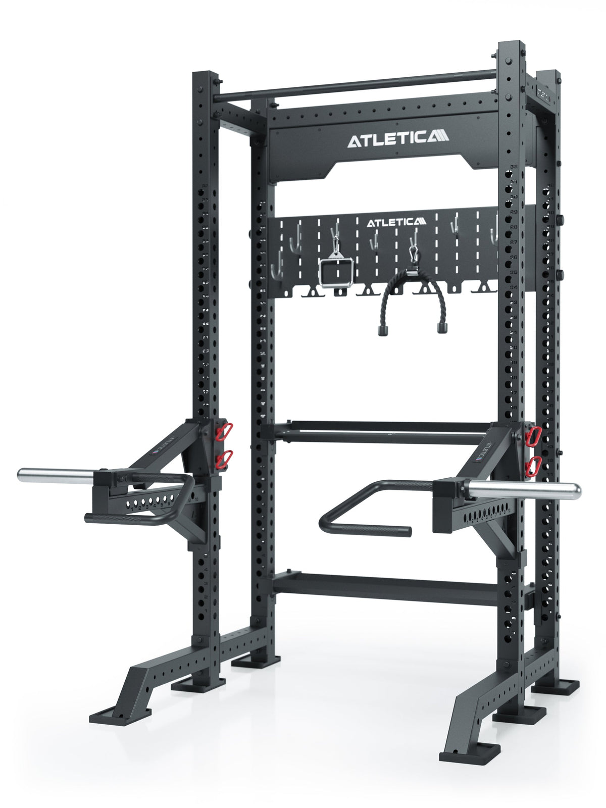 R8 Jammer Arms - black Power Rack with Jammer Arms, Pull-Up Bar, logo at the top, hook strip with handles