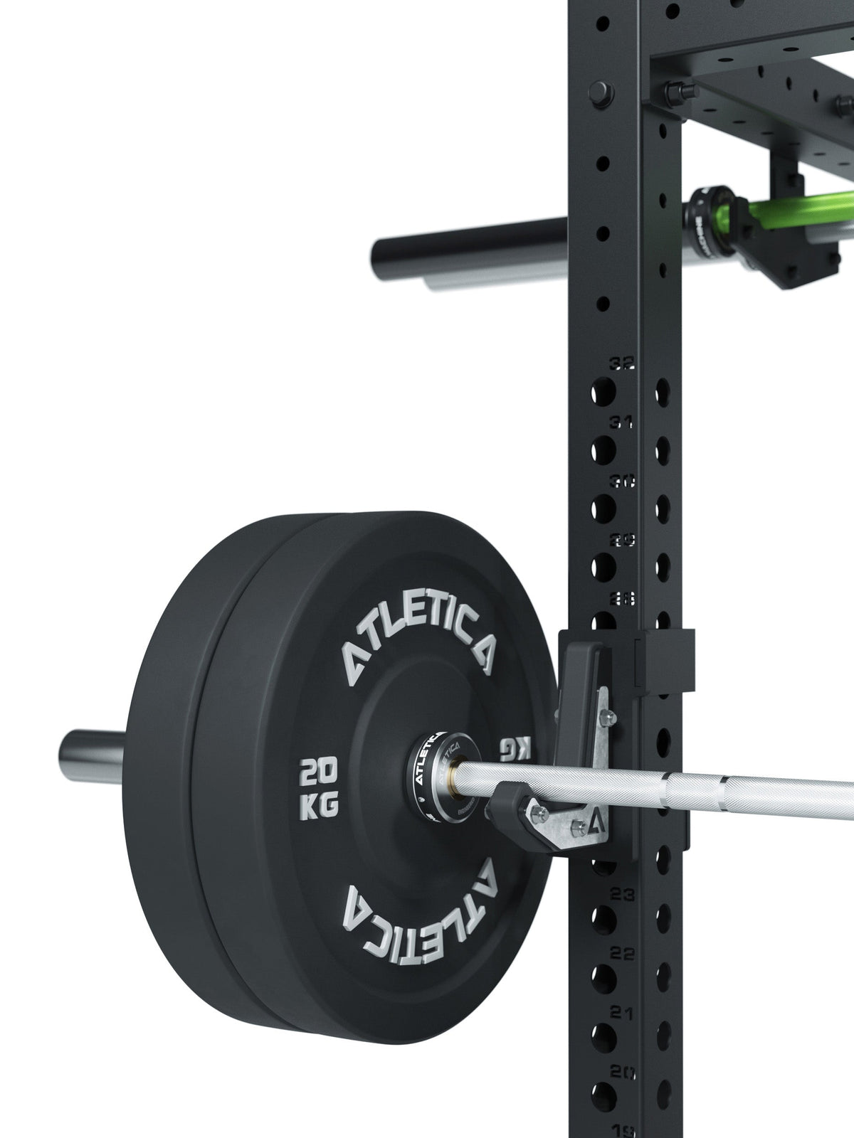 R8 Utile Power Rack with Barbell and weight plates on J-Hook