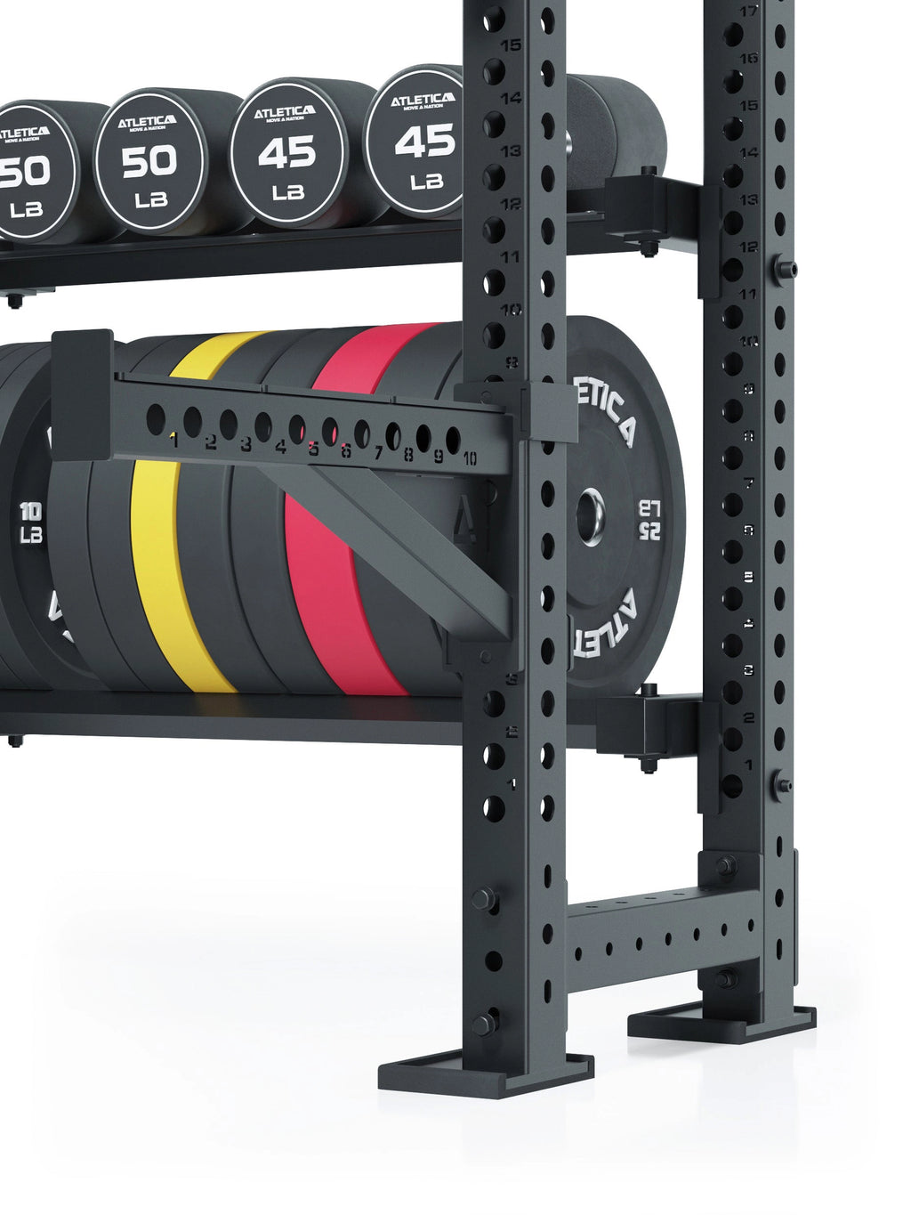 R8 Vulture Power Rack - shelves for Color Bumper Plates and dumbbells
