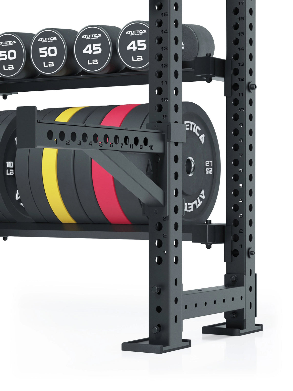 R8 Vulture Power Rack - shelves for Color Bumper Plates and dumbbells