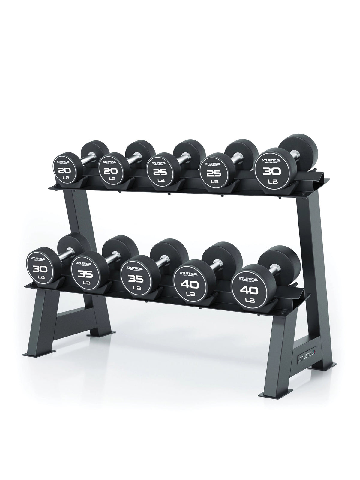 Atletica rack for Round Dumbbells - black dumbbell shelf with ten Round Dumbbells, weights from 20 to 45 lb