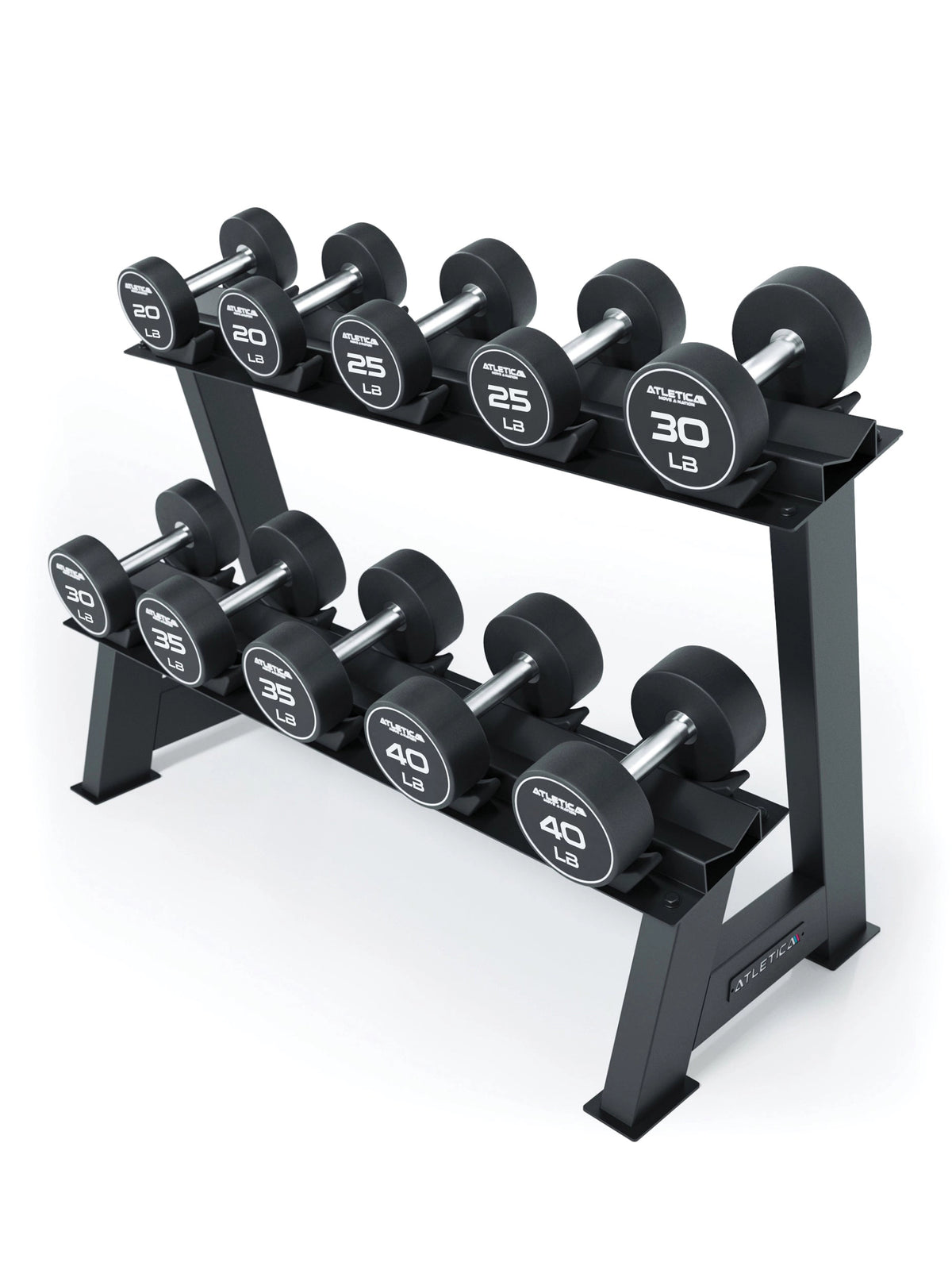 Storage for round dumbbells - black dumbbell rack with ten round dumbbells, weights from 20 to 45 lb