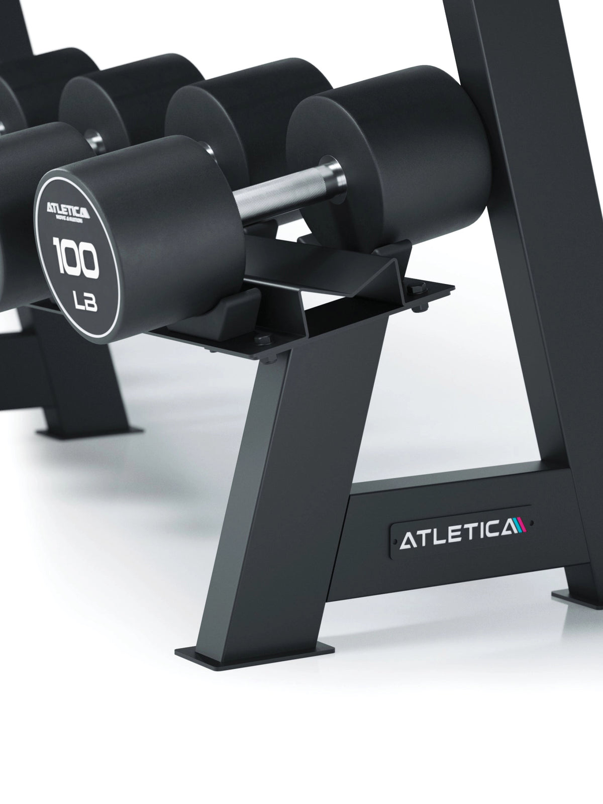 Atletica Round Dumbbell Rack - close-up 110 lb Round Dumbbell
