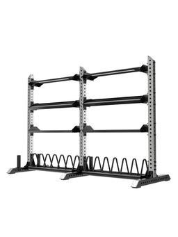 Rampage Premium Home Gym with black storage rack, weight plate holders and several shelves