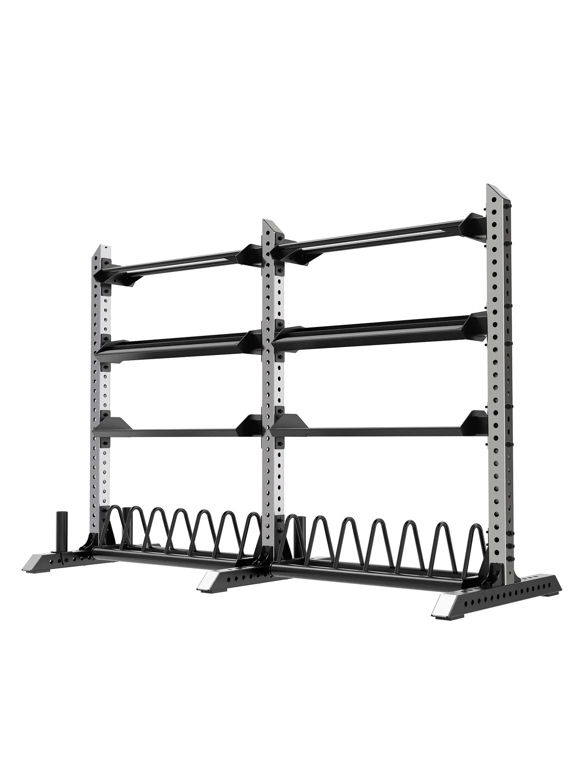 Rampage Premium Home Gym with black storage rack, weight plate holders and several shelves