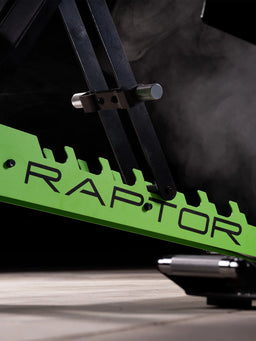Atletica Raptor bench, detail of the Electric Green toothed adjustment plate with Raptor lettering
