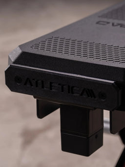 Atletica Raptor HexPad weight bench, detail of the seat end with embossed brand logo