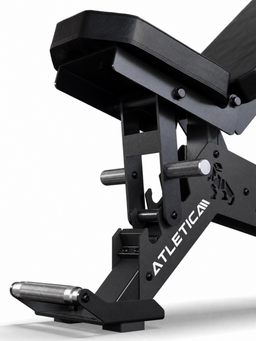 Starter Set Raptor Bench detail of the seat adjustment with pop pins, Atletica logo and knurled handle
