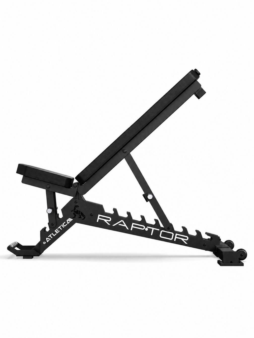 Compact Set Raptor Bench side view at an incline, black pad on a steel ladder frame with Raptor lettering