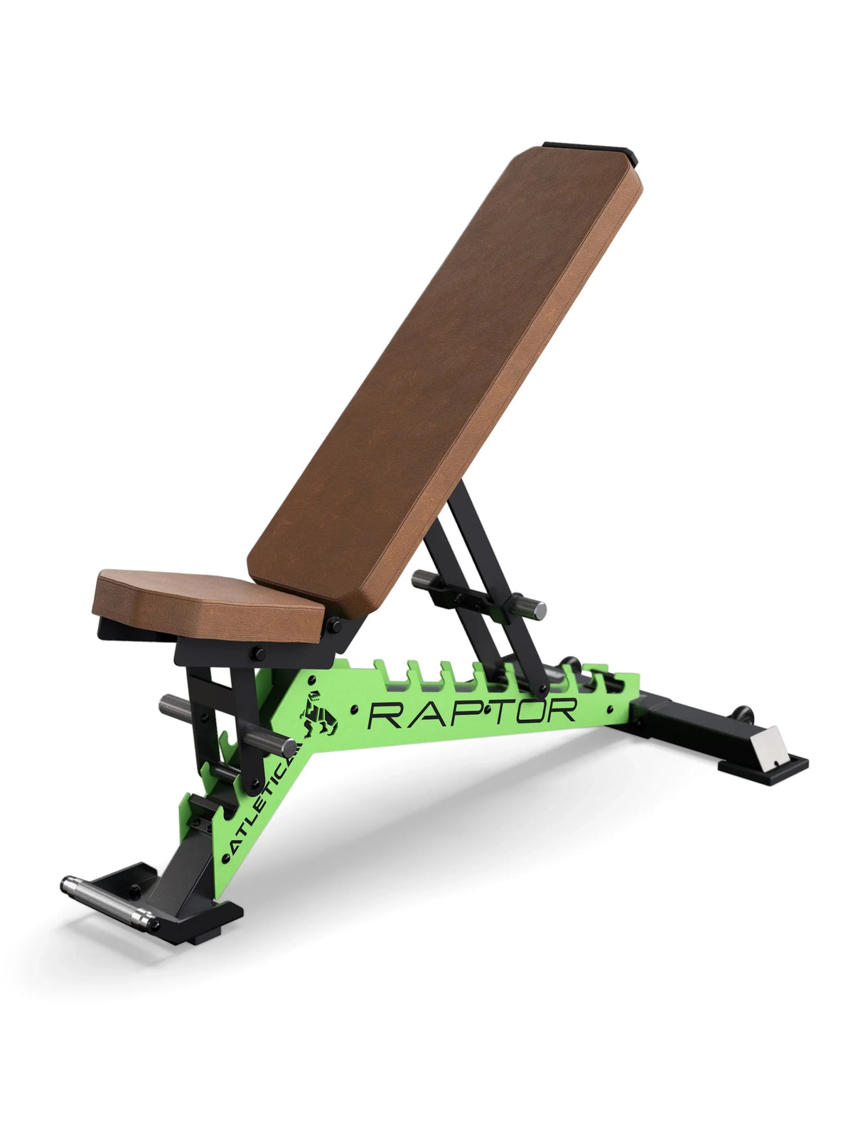 Raptor Weight Bench with brown padding and ratchet plates in Electric Green, adjustable, for strength training
