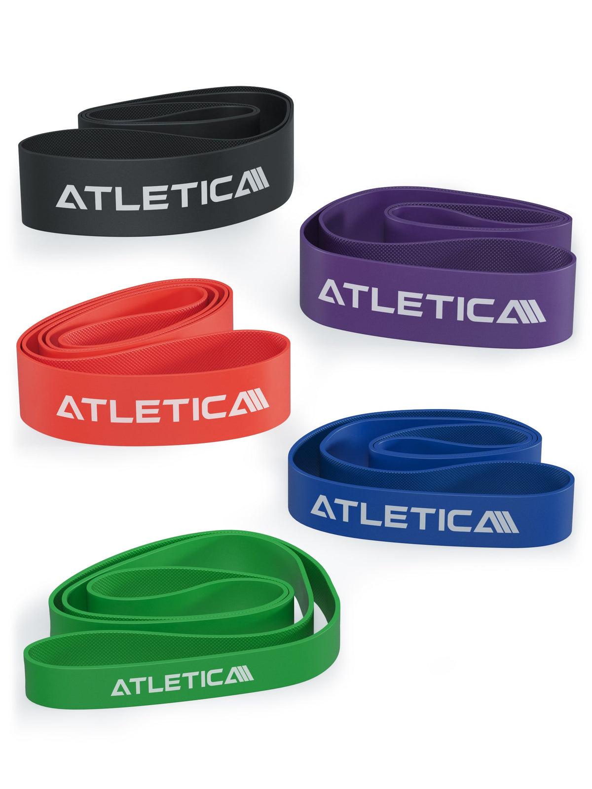 Atletica Resistance Bands - five resistance bands in black, red, purple, blue, green, for strength and functional training