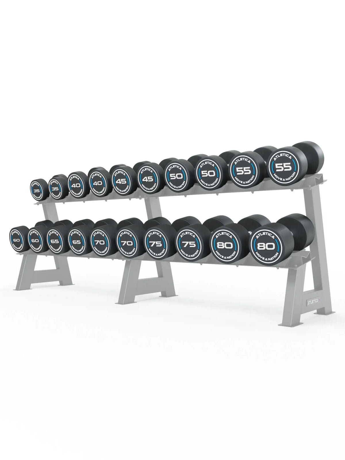 Atletica Round Dumbbells PRO Set 5 All-In High 35 to 80 lb on Dumbbell Stand