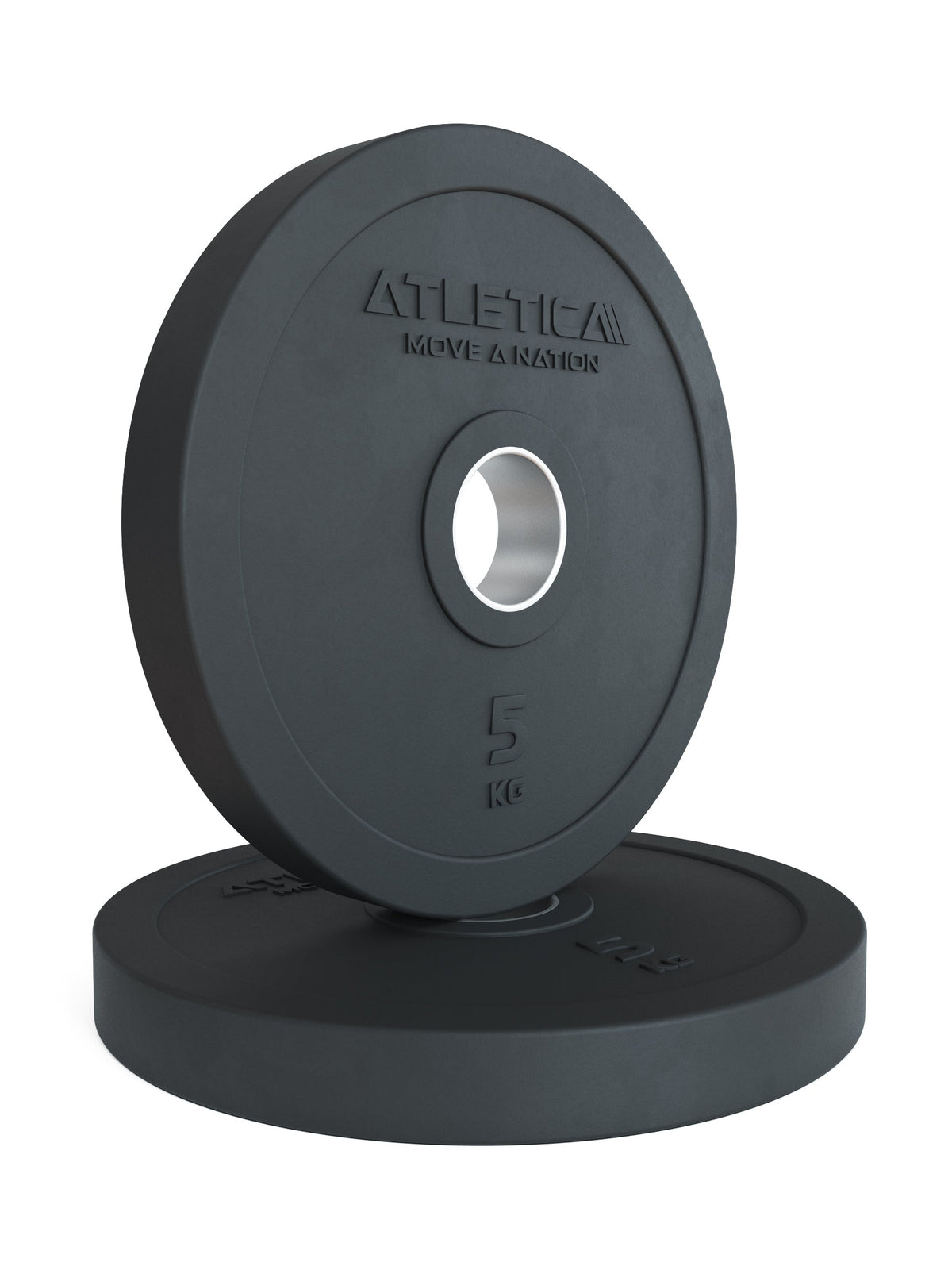 Atletica Rubber Plates pair 10 lb, one upright on the other, angled view
