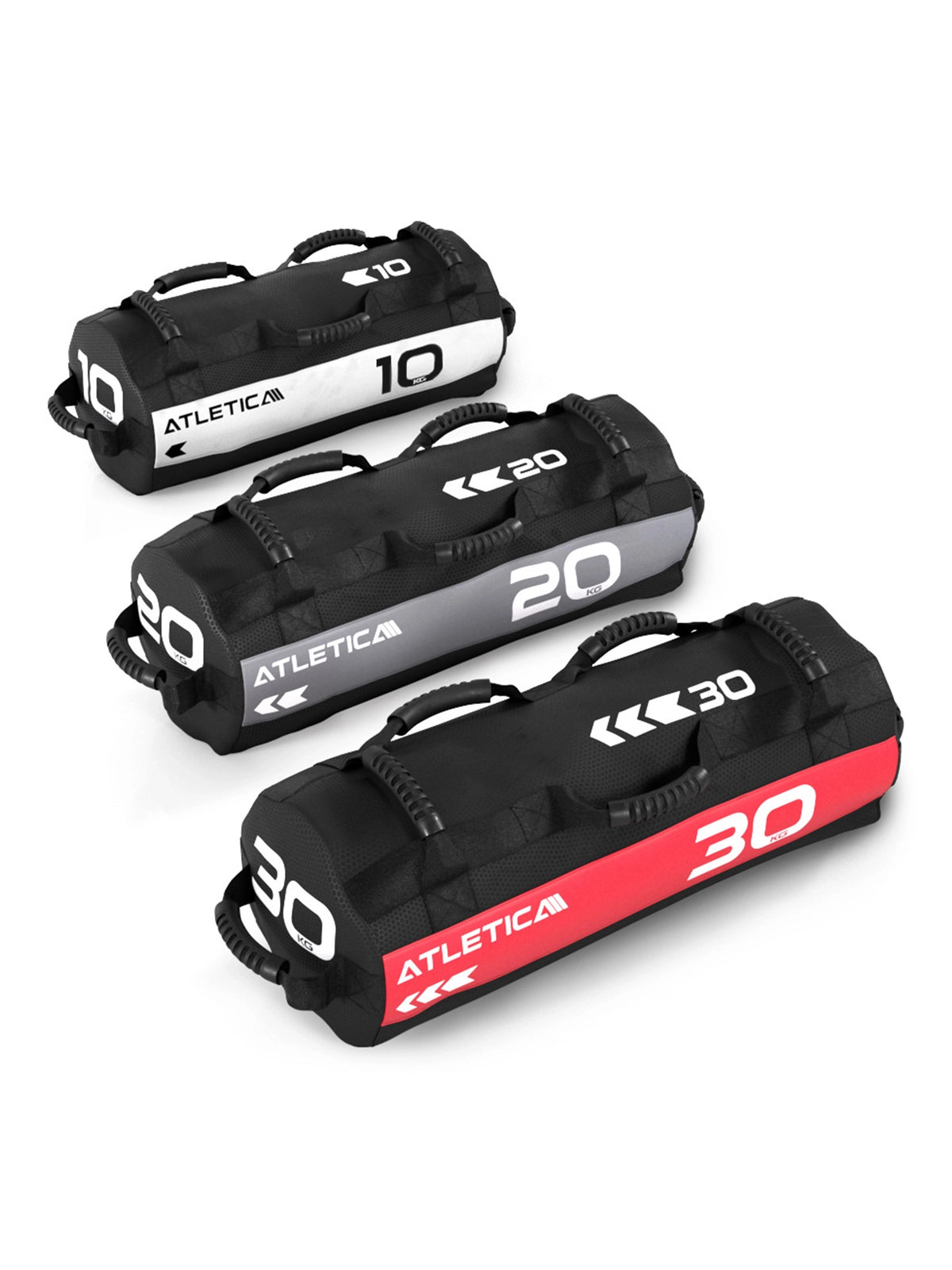 Sandbag set with three Powerbags in black, gray, and red for functional training