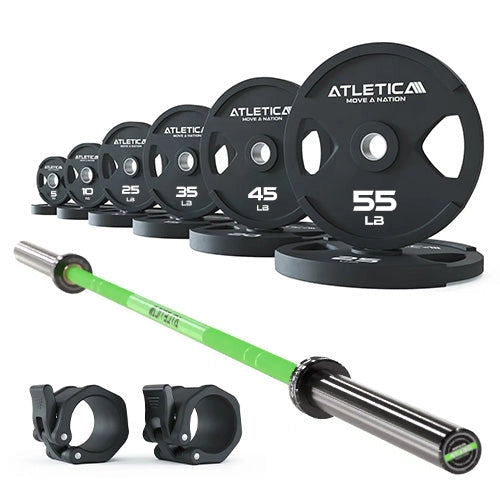 Atletica Delta barbell set, electric green bar with 2H gripper plates 245 lb and collars