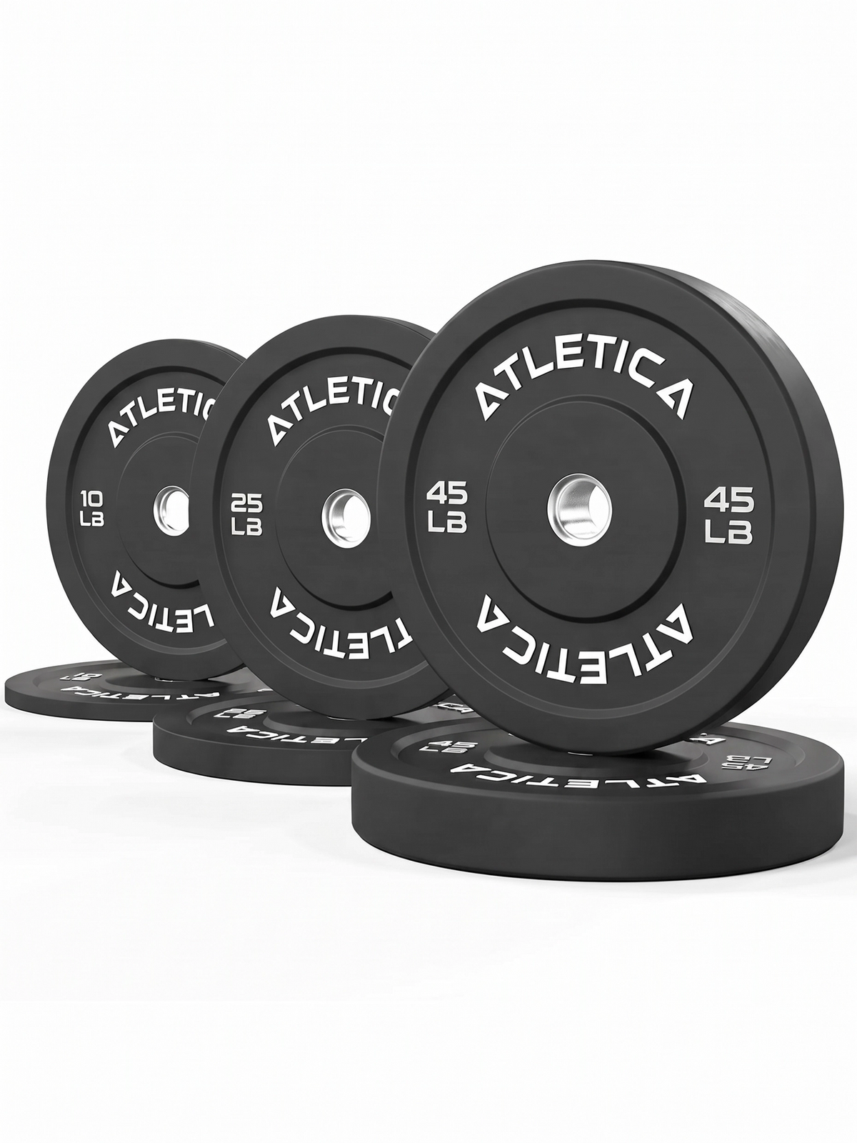 Bumper Plates Black Set with 10 lb, 25 lb and 45 lb weight plates stacked on the floor