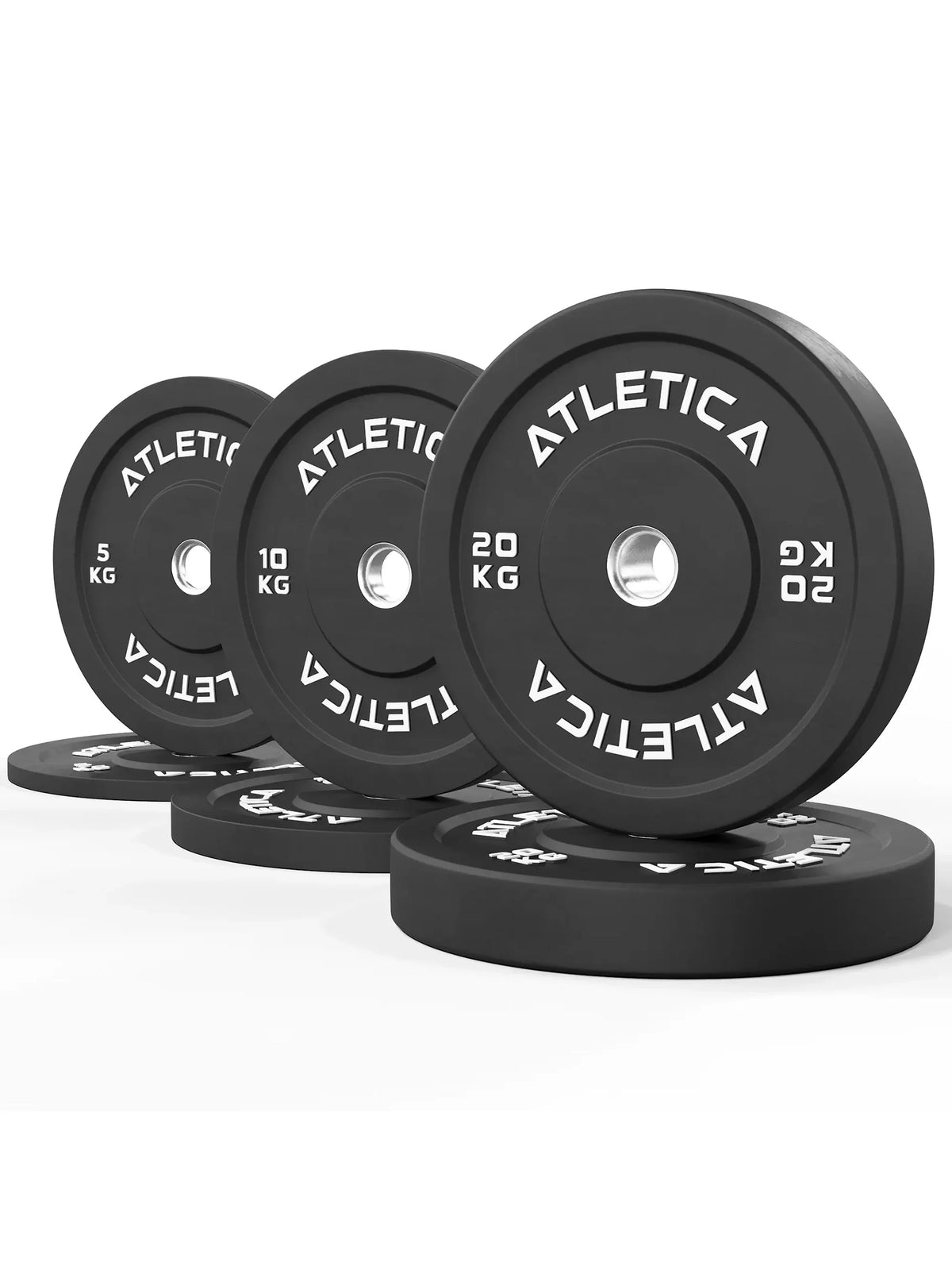 Atletica black bumper plate set 154 lb, 44, 22 and 11 lb plates stacked and standing, angled view