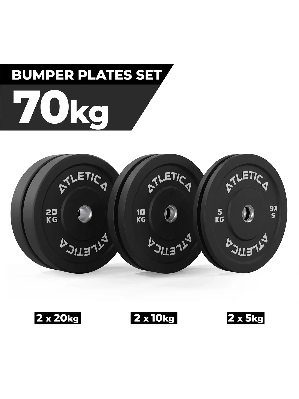 Atletica black bumper plate set 154 lb: 2 x 44 lb, 2 x 22 lb, 2 x 11 lb plates