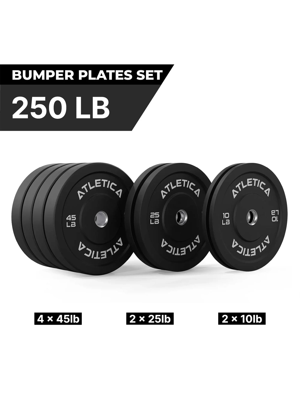Bumper Plates Black Set 250 lb with 4x45 lb, 2x25 lb and 2x10 lb for Strength Training