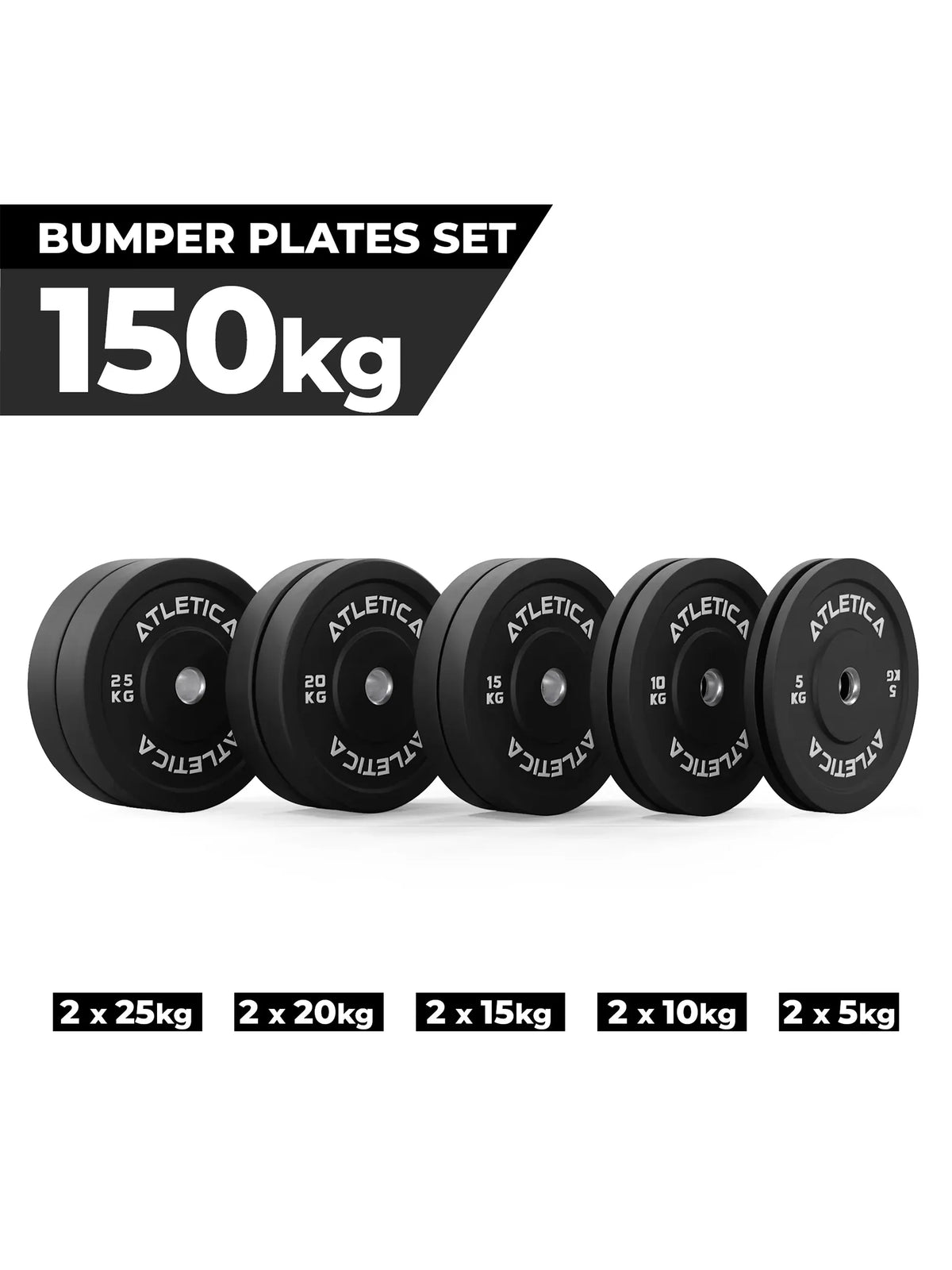 Atletica black bumper plate set 331 lb: 2 x 55, 2 x 44, 2 x 33, 2 x 22, 2 x 11 lb plates