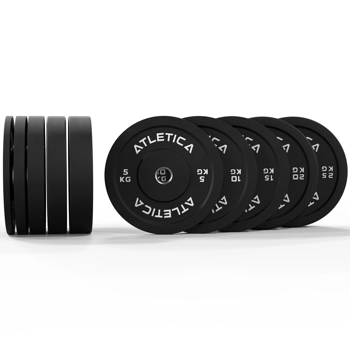 Atletica black bumper plates, pairs lined up in side and front view