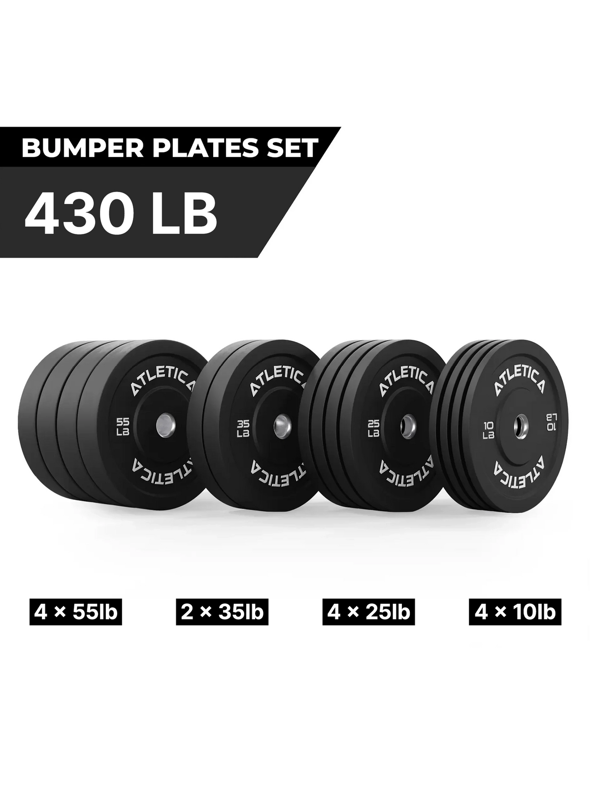 Bumper Plates Black Set 430 lb with 4x55 lb, 2x35 lb, 4x25 lb and 4x10 lb