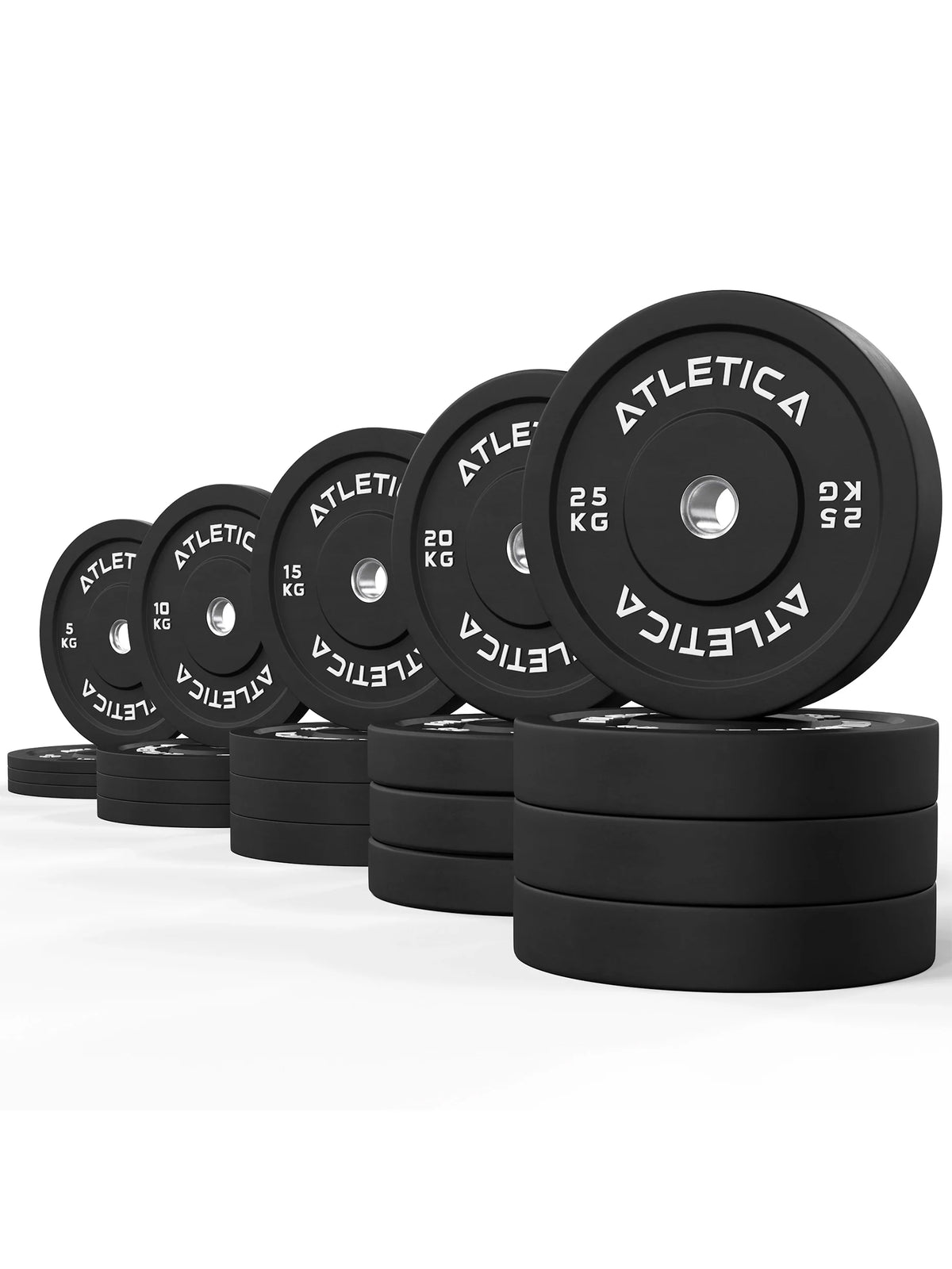 Atletica black bumper plate set 661 lb, plates from 11 to 55 lb stacked and standing, angled view