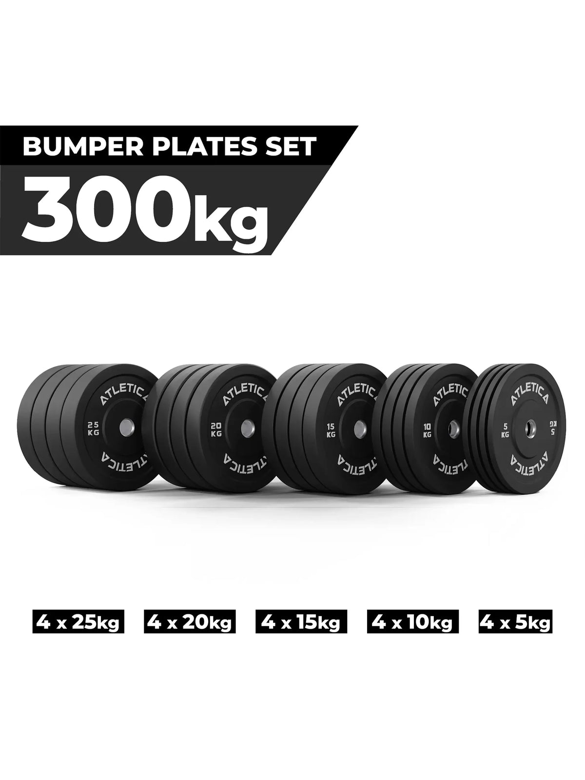 Atletica black bumper plate set 661 lb: 4 x 55, 4 x 44, 4 x 33, 4 x 22, 4 x 11 lb plates