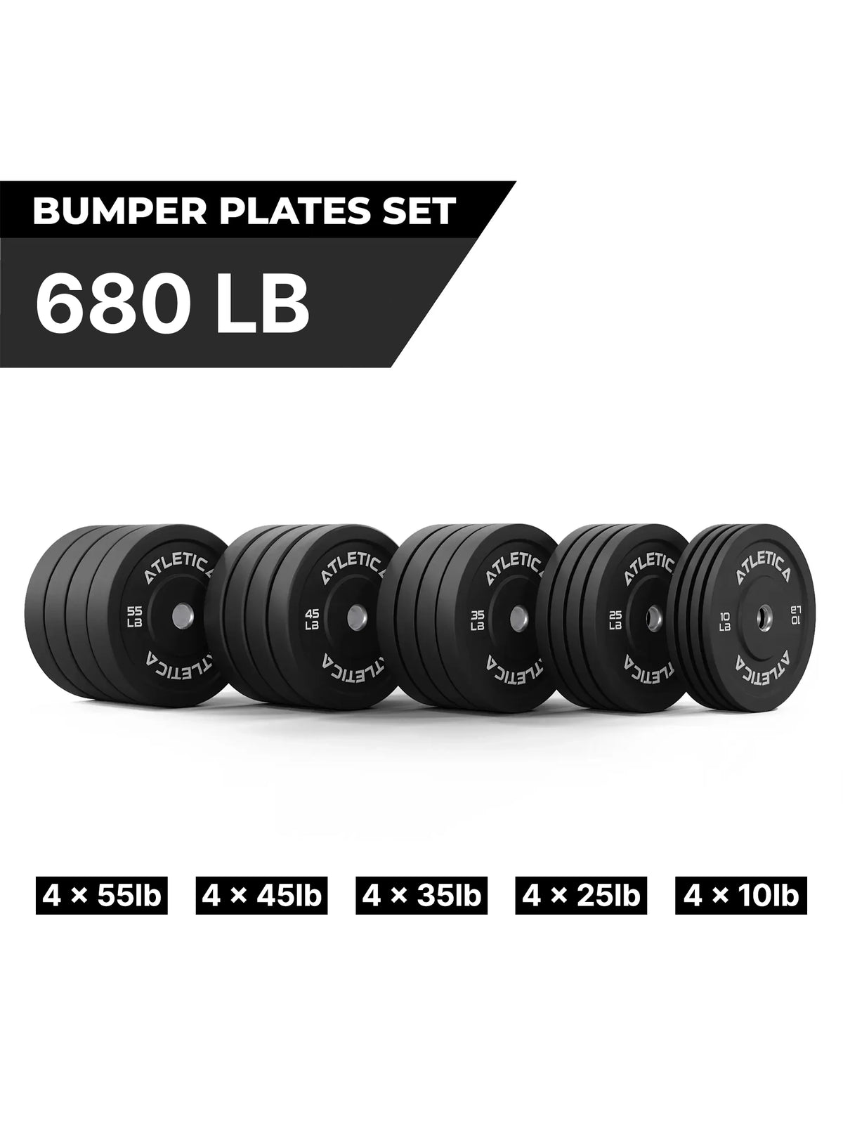 Bumper Plates Black Set with 4x55 lb, 4x45 lb, 4x35 lb, 4x25 lb and 4x10 lb