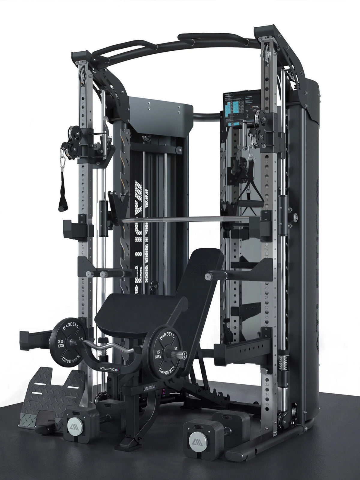 Atletica Quantum Fullbody Set: Home Gym, B2 adjustable Fullbody Weight Bench, 2x80 lb Quad Dumbbells, Classic Iron Plates and Solidprotect Gym Flooring