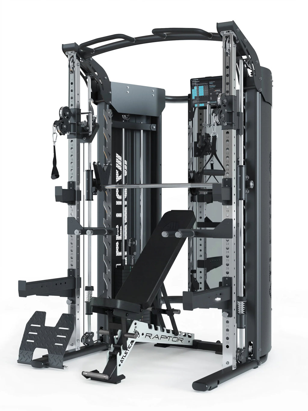 Atletica Quantum bench set with Raptor adjustable bench, front angled view