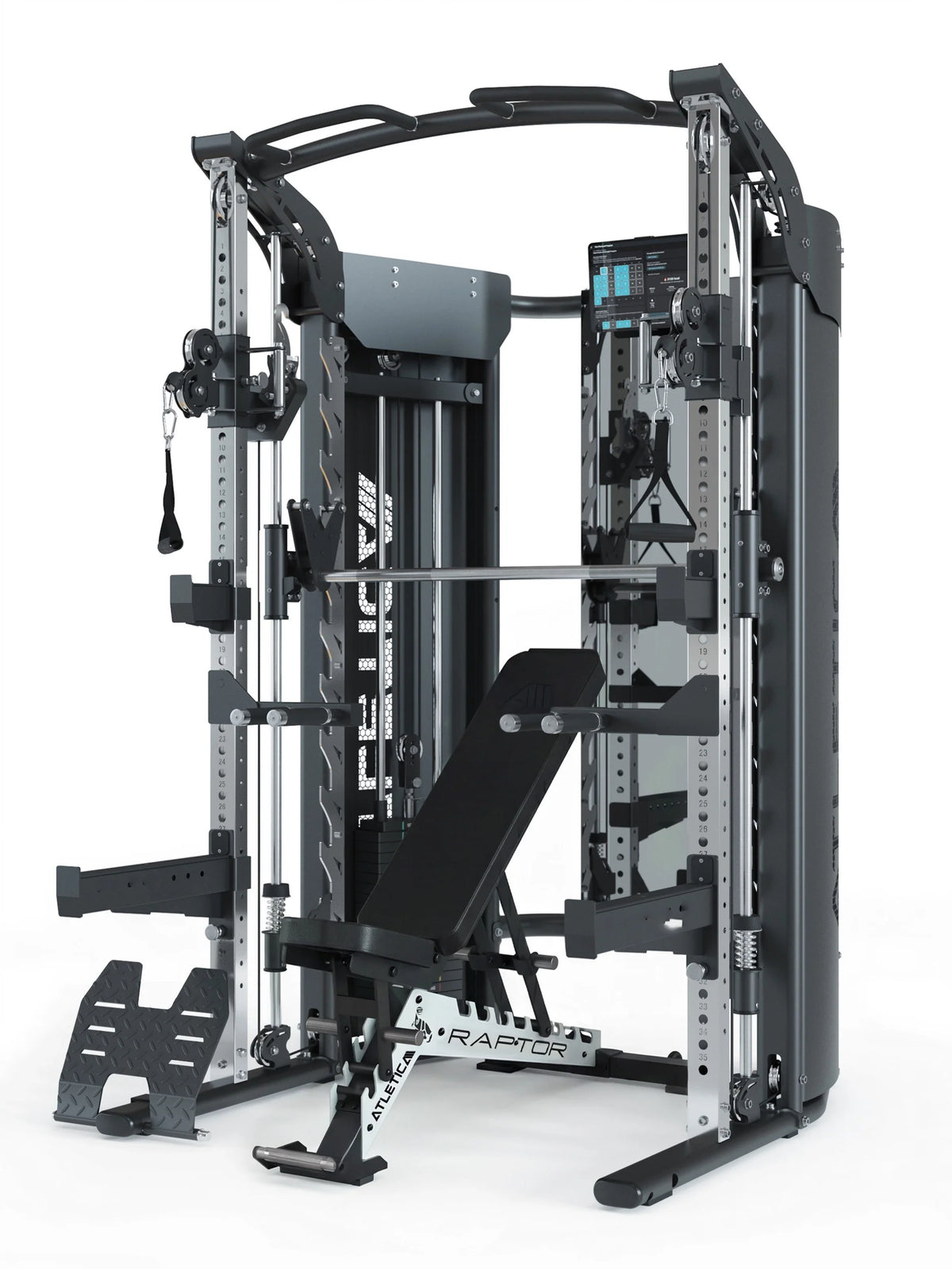 Atletica Quantum bench set with Raptor adjustable bench, front angled view