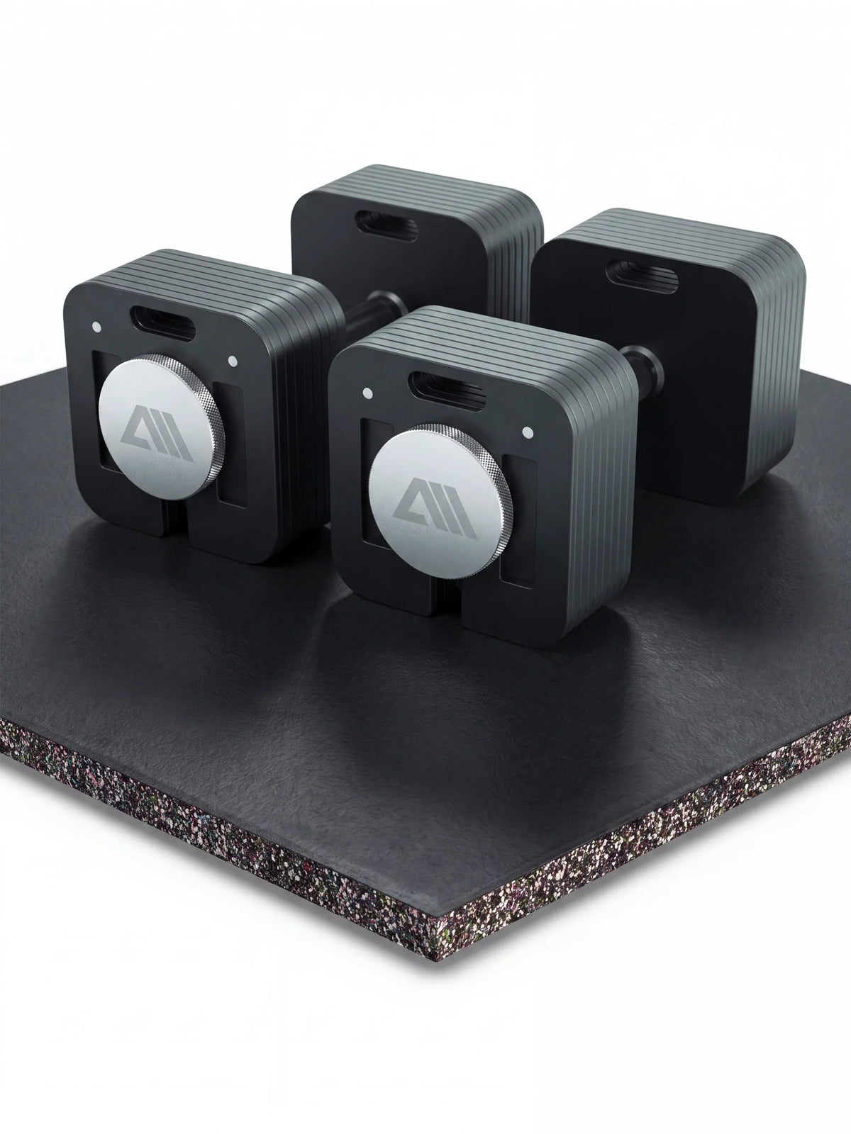 Atletica Quantum bench set, four black mounting blocks on a rubber floor tile