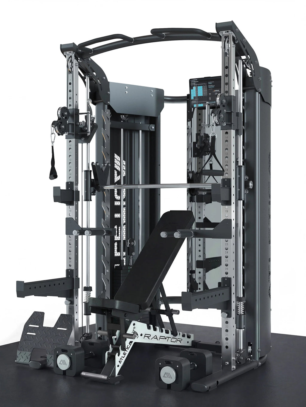 Atletica Quantum bench set: Quantum station with adjustable Raptor bench on a black floor platform