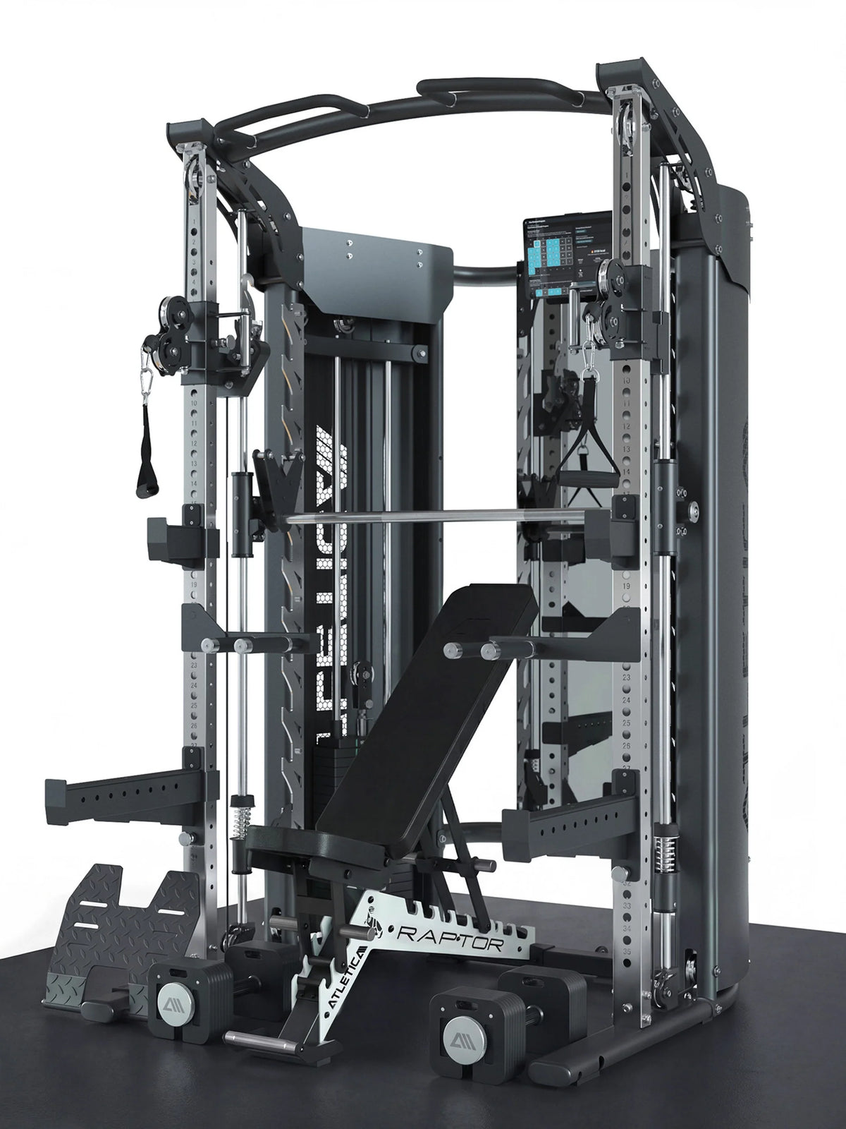 Atletica Quantum bench set: Quantum station with adjustable Raptor bench on a black floor platform