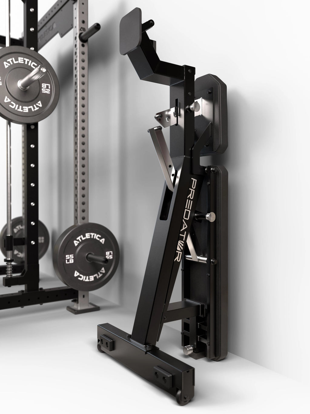 ATLETICA Predator Sponge modular weight bench – vertically storable, with rack and weight plates