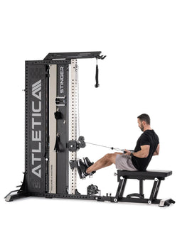 Stinger Functional Cable Tower with Cable Pulley, barbell holder, padded rollers and seat bench